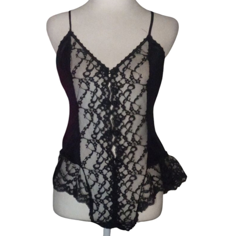 Vintage 80's Chic Pandora Black Lacey Button Front Ruffle Teddy Nylon Medium
